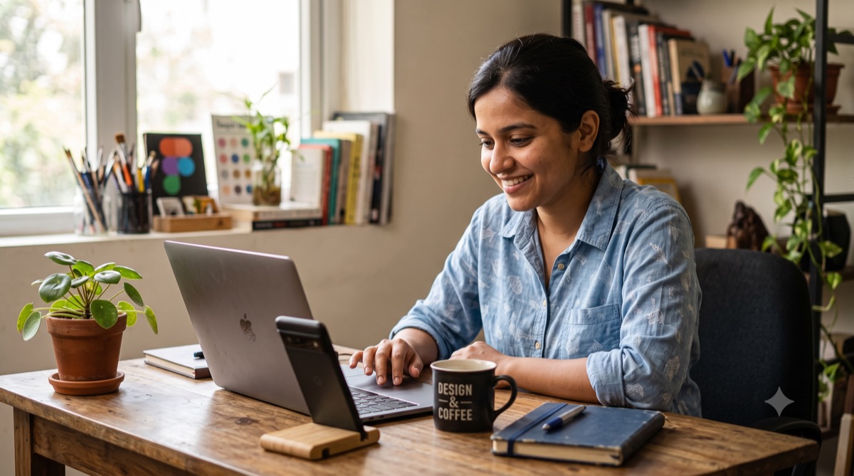 A freelancer working from a home office, checking her phone next to her laptop