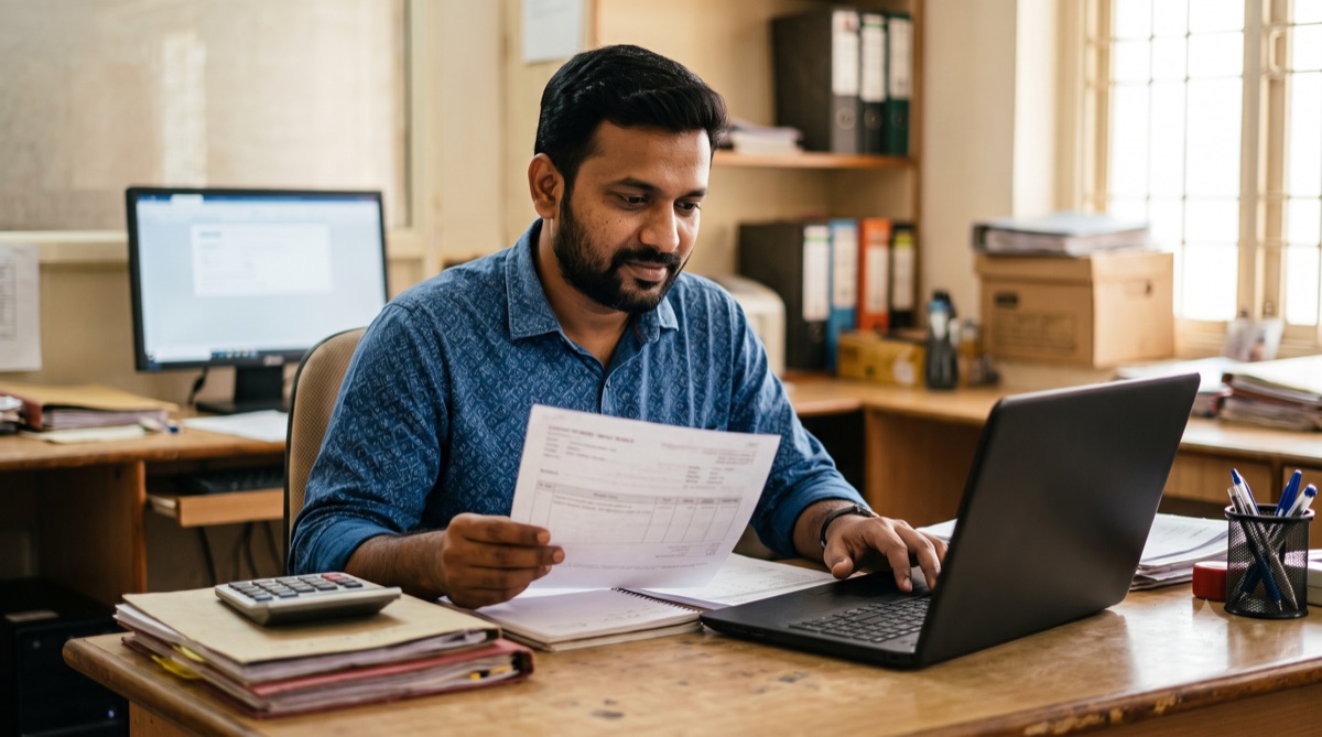 A small business owner reviewing a GST invoice at his desk