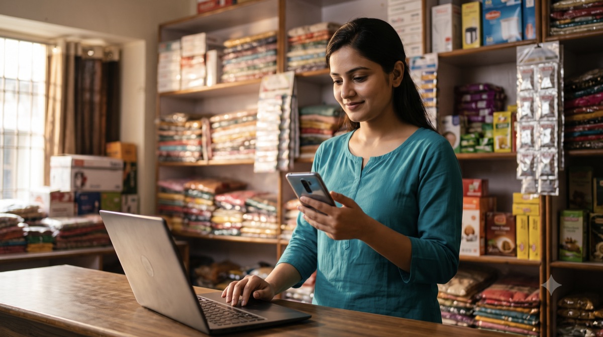 A small business owner checking payments on her phone at her shop counter